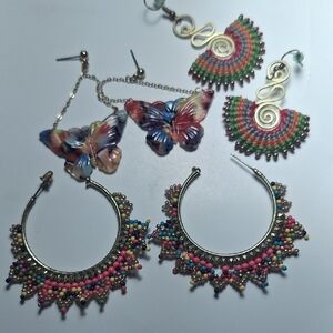 3 pair vintage to now Colorful Beaded Hoop Earrings Butterflies Whimsical